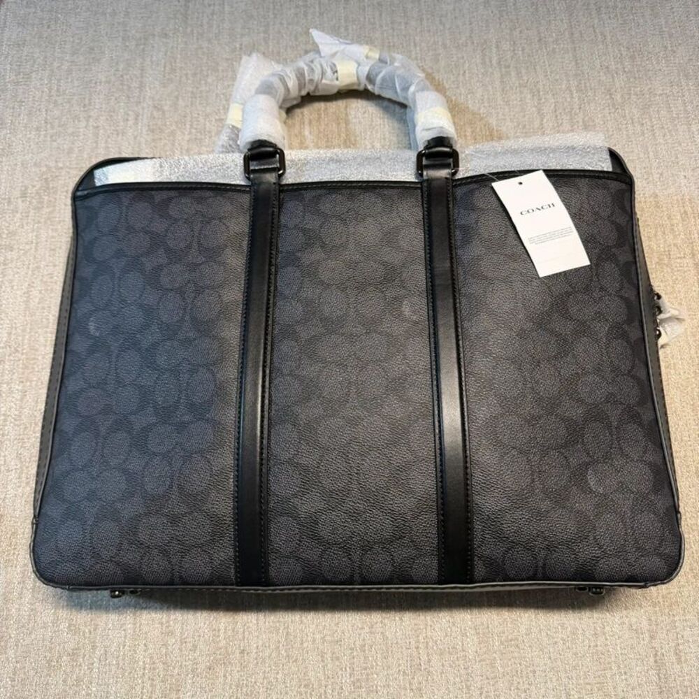 Coach Laptop Bag Slim Brief Case Zipper Black Charcoal